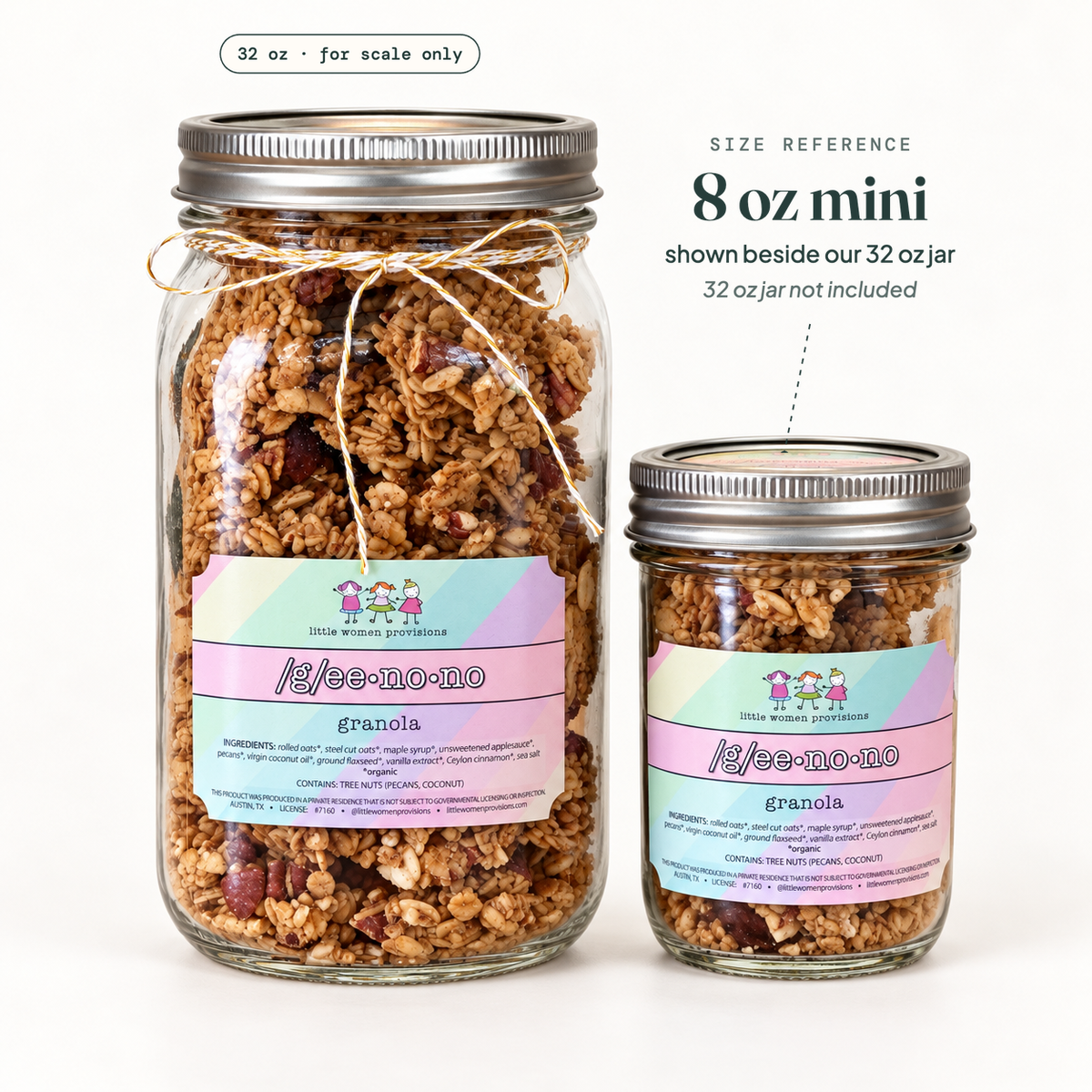 Size reference: 8oz Geenono mini beside our 32oz jar. The 32oz jar is not included.