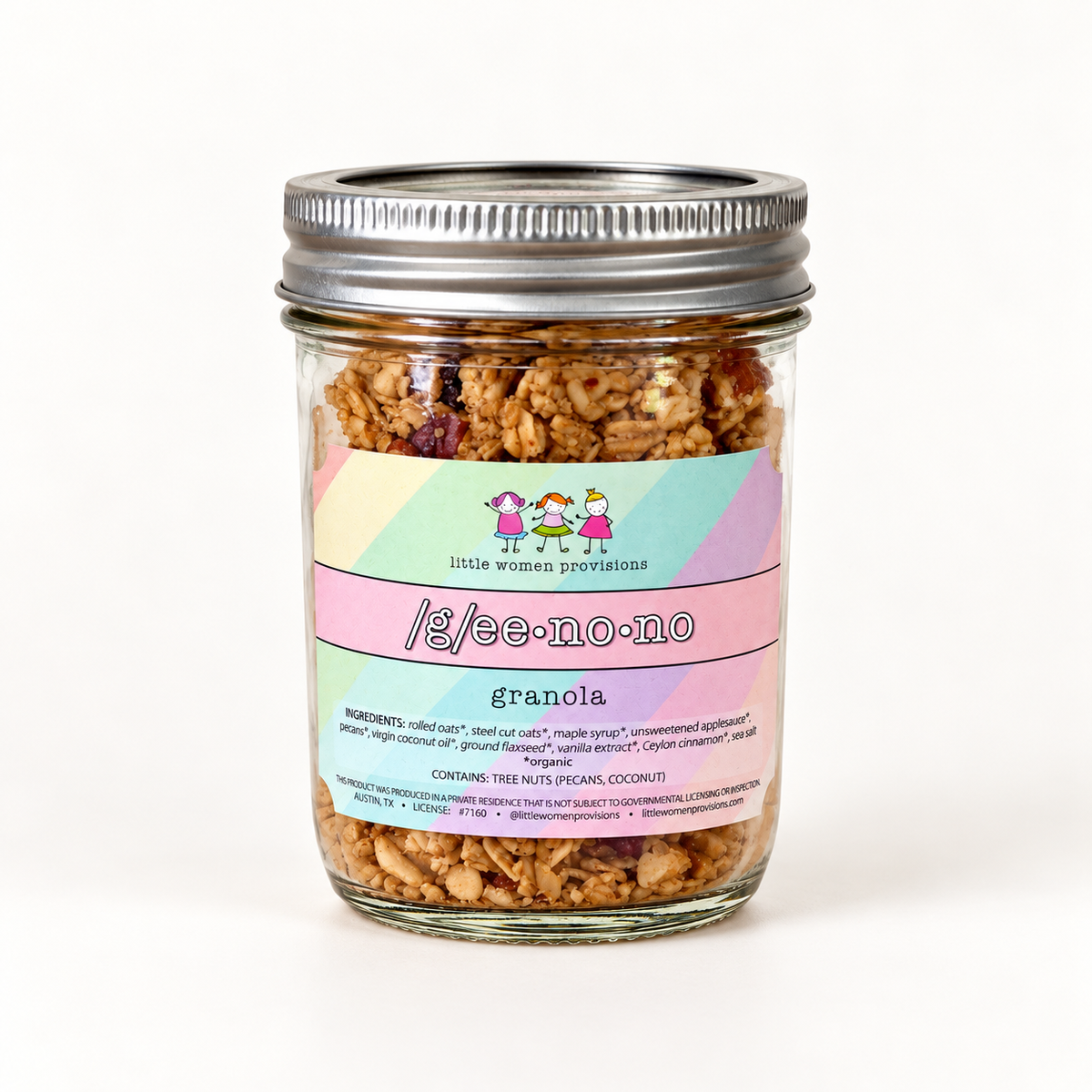 Geenono maple pecan granola in an 8oz mini glass jar