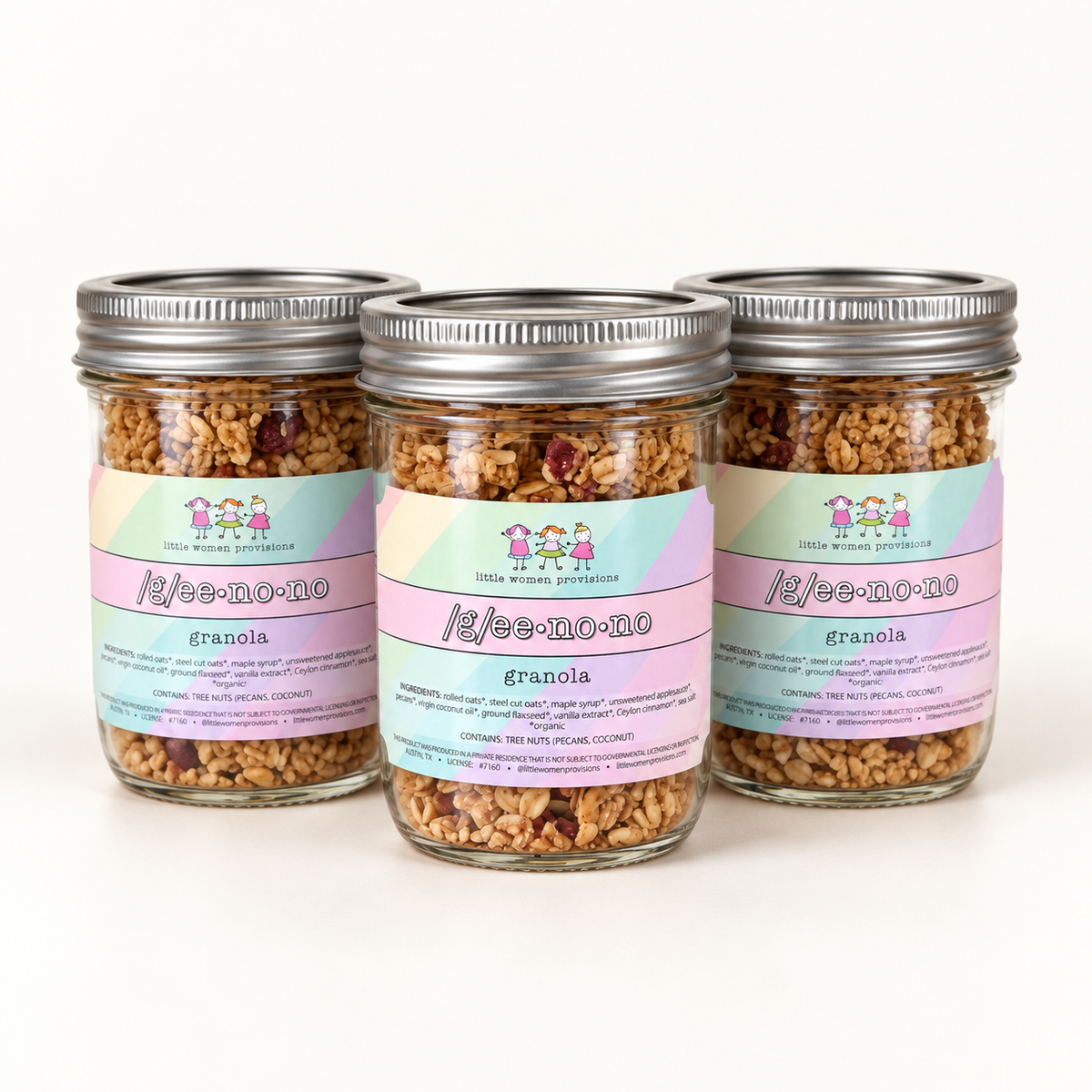 Three Geenono 8oz mini jars of maple pecan granola